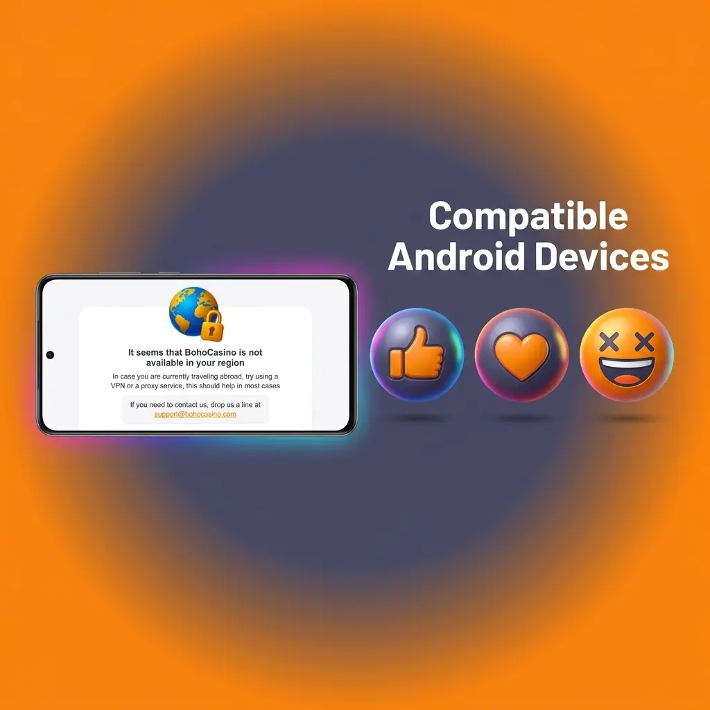 Compatible Android devices for Boho Casino app in Canada including Samsung Galaxy, Google Pixel, OnePlus, and more