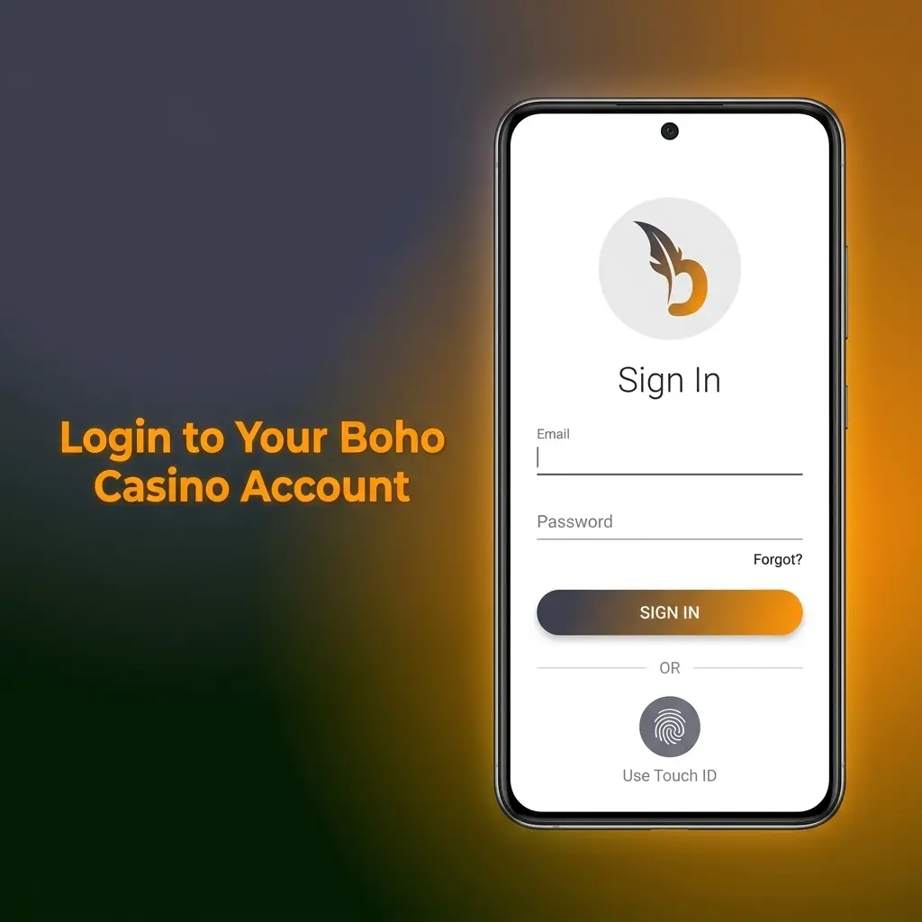 Boho Casino login page with account access form for email and password entry to reach your personal dashboard